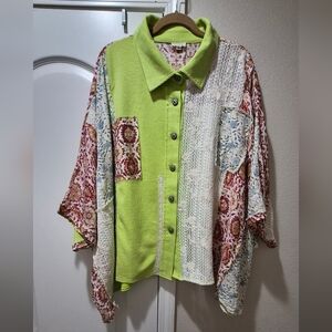 POL Patchwork Oversized Button Down,  Lace Floral Mixed Fabric Boho Size L NWOT